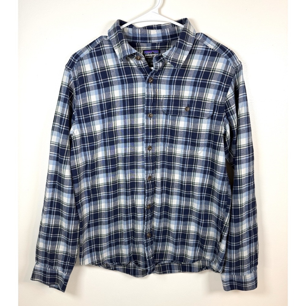 Patagonia Lightweight Fjord Flannel Shirt Men's Small Blue Plaid Organic Cotton